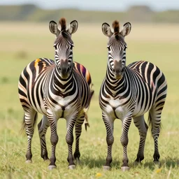 two zebras with rainbow colored stripes