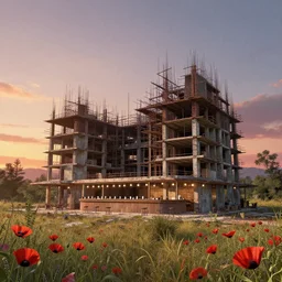 a beautiful hyperdetailed illustration of ceremonial chamber building unfinished building city nature urbex by denise scott brown, sunset poppy scumm bar at dusk meadow myst at night, archdaily, wallpaper, highly detailed, trending on artstation.