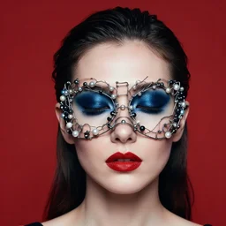 an 8 0 s portrait of a woman with dark blue eye - shadow and red lips with dark slicked back hair, a mask made of wire and beads, dreaming acid - fueled hallucinations by serge lutens, rolf armstrong, delphin enjolras, peter elson, red cloth background, airbrush
