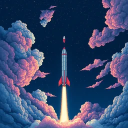 a frontal drawing of a vertical rocket center in the image with a dark blue background and colorful clouds with stars by takashi murakami, beeple and james jean, aya takano color style, trippy, 8 k, super detailed, night sky, digital art, digital painting, clean