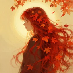 girl with super long hair, hair becoming autumn red leaves, digital painting, artstation, art by artgerm and greg rutkowski and alphonse mucha