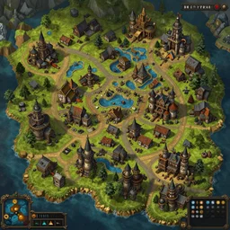 warcraft like map of steampunk small town, hyper detailed, intrincated, vivid color scheme