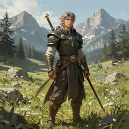 A fantasy comic book roleplaying game style portrait painting of a grey elf in a mountain meadow sanctuary, DAZ, hyperrealistic, ambient light, dynamic light