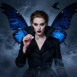 hyperrealistic portrait of amber heard as a vampire witch in a black coat, sapphire butterflies wings swan ravens mystic fog smoke, capturing a silver coin in her grip. by jeremy mann and alphonse mucha, bouguereau, alma tadema, fantasy art, photo realistic, dynamic lighting, artstation, poster, volumetric lighting, very detailed faces, 4 k, award winning