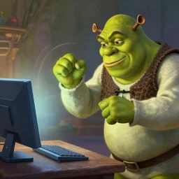 shrek fighting a computer, half body shot, path traced, fight scene, highly detailed, high quality, digital painting