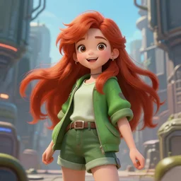 beautiful cute red haired joyful and playful nineteen year old young girl standing up, casual green clothing, long hair, cyberpunk city, cute face, rpg character, sci - fi, fantasy, intricate, elegant, digital painting, artstation, concept art, smooth, 8 k frostbite 3 engine, ultra detailed, art by artgerm and greg rutkowski and magali villeneuve