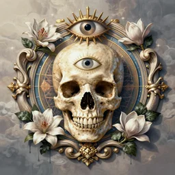 beautiful classical holy decorative ornament, sacred skull, all - seeing eye, acanthus scrolls, lilies, ivy, anatomy, energy, geometry, magnolia, bones, petals, stems, ceremonial clouds, dripping paint, fibonacci rhythm, artstation, art germ, wlop