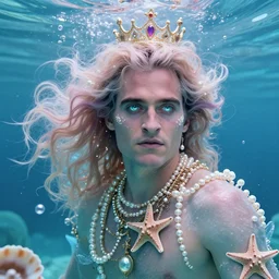 “ joaquin phoenix portrait, fantasy, mermaid, hyperrealistic, game character, underwater, highly detailed, sharp focus, cinematic lighting, pearls, glowing hair, shells, gills, crown, water, highlights, starfish, jewelry, realistic, digital art, pastel, magic, fiction, ocean, king, colorful hair, sparkly eyes, fish, heroic, god, waves, bubbles, king ”