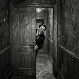 Ted Cruz with a wide grin peaking through a door in the distance at the end of a narrow corridor, black and white, creepy lighting, scary, horror, ornate, eerie, fear, oil painting