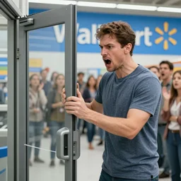 determined man holds the automatic doors at Walmart open while straining and screaming and crowd looks on with awe