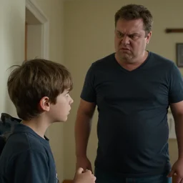 a terrified frightened young boy looks at an angry fat man
