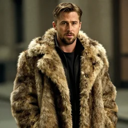 film still of Ryan Gosling as Tyler Durden wearing big fur coat in Fight Club 1999