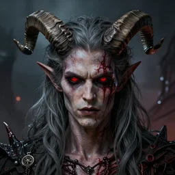 joe biden demon hybrid, dark red eyes, grey long hair, big horns, bloody, details, intricate, octane render, illustration, horror background, hyperrealistic, by greg rutkowski, by dmitry prozorov, loish, and wlop