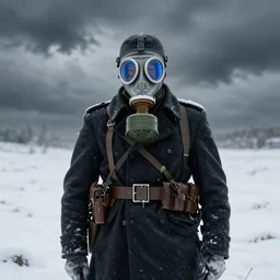 portrait of futuristic world war 1 soldier with gas mask in the snow, black clothes, dark clouds, blue filter, dripping paint, craig mullins, ash thorpe, fibonacci rhythm ar