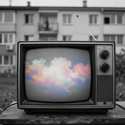 1 9 5 0 s television with colored clouds on the screen, old apartment, black and white