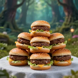 5 5 mm photo of a pile of freshly prepared burgers on a table cloth in a magical forest. dof. bokeh. magical atmosphere. art by greg rutkowski. highly detailed 8 k. intricate. lifelike. soft light. nikon d 8 5 0.