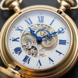 close up photo of a sapphire and gold pocket watch, high detail, complex