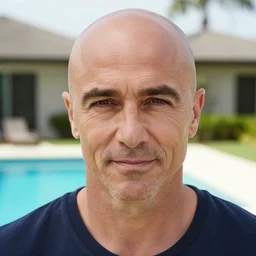 close - up of emilio estevez completely bald with a pool and a house in the background