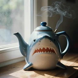 1980s magazine photo of tea kettle shaped like a shark, next to a window with dappled natural light, smoky
