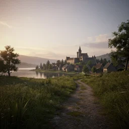 a serene landscape with a medieval village near a lake at sunset, soft lighting, path tracing, complementary colors, calm, natural lighting, high quality, 4k, low contrast, highly detailed, octane render, unreal engine 5