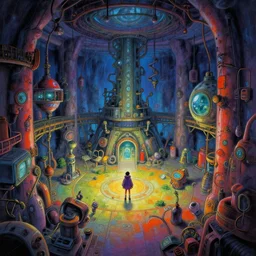Colorful, creepy landscape painting of detailed interior of giant scientific research facility LABO, area 98, west wing, floor Basement-213, anime key visual by Craig Mullins