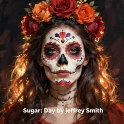 Illustration of a sugar skull day of the dead girl, art by jeffrey smith