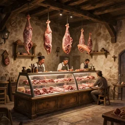 concept art, a beautiful highly detailed interior display of a fantasy small medieval spanish butchery of a small town, poor, small, charcuteria, realistic shaded lighting poster by ilya kuvshinov, magali villeneuve, artgerm, jeremy lipkin and michael garmash and rob rey