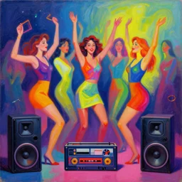 minimalistic, party, neon, colorful, party happy dancing girls, mixtape, loudspeakers, music, stunning, award, hdr, 8 k, artstation, winning masterpiece by marc simonetti, by moebius and basquiat ( ( ( ( picasso ) ) ) ), oil on canvas