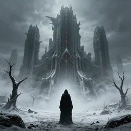 massive alien sci - fi gothic structure, snowy desolate landscape, horror vibe, scary, cloaked figure, 3 d render, dramatic lighting, foggy, matte painting, dead trees