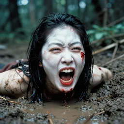 1 9 7 0 s movie still close - up of a bloody white japanese female ghost yelling mouth inside the mouth going out of mud puddle, big teeth, swamp backround, cinestill 8 0 0 t 3 5 mm eastmancolor, heavy grain, high quality, noir, natural textures, photorealistic, ambient occlusion, hd, ultra wide lens, anamorphic, fade color
