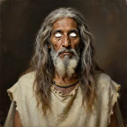 masterpiece painting of a portrait of a long drealocked hair egyptian old man, white blind eyes wearing worn out clothes featured in artstation, concept art by Greg Rutkowski, WLOP, Dan Mumford, Christophe Vacher