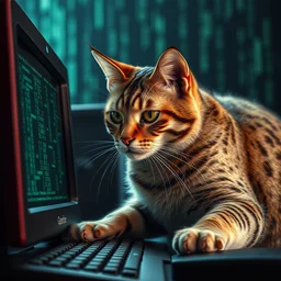 a cat working on a computer as in matrix ( 1 9 9 9 ), intricate details, hyper realistic,