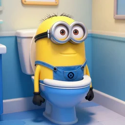 a 4 k photorealistic photo of a minion, yellow and blue themed toilet.