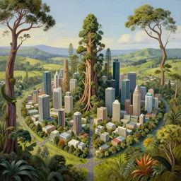 utopian city made out of native new zealand trees, golden bay abel tasman, new zealand, highly detailed surrealist painting, by michael divine, very very beautiful, trending on artstation