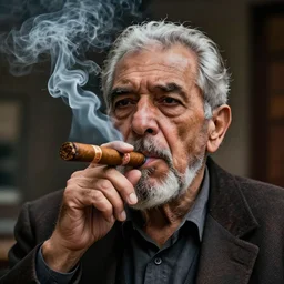 a detailed portrait of an old man, smoking a perfectly symmetrical cuban cigar, cinematic photography, smoke rising like clouds, beautifully symmetrical, super resolution, cgi, trending on art station, volumetric lighting & shadows, hyper detailed, 8 k, unreal engine, canon 2 0 0 mm,