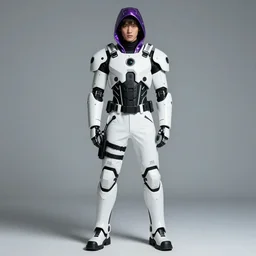 male ulzzang with white sci - fi tactical gear, black cybernetic enhancements, purple holographic hood, full shot fashion photography, by irving penn and storm thorgerson, ren heng