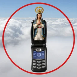 2 0 0 8 nokia flipphone footage of marian apparition, marian apparitions distant in clouds, red line circle drawn around subject, jpg damage