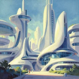 beautiful futuristic architecture with organic shapes. gouache, limited palette, by award - winning mangaka, backlighting, depth of field.