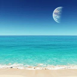 beautiful beach horizon view of the tropical ocean on an alien planet, vaporwave ocean, clear sky, planet in space over the horizon, trending on artstation, digital art by beeple