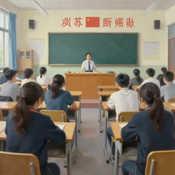 view of a highschool classroom from teachers perspective, detailed realistic oil painting art
