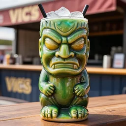 a closeup photorealistic photograph of a glossy hulk style tiki mug sitting at an outdoor trader vic's bar featuring hulk's face. tiki theme. icy colorful drink. bright scene. fine detail. this 4 k hd image is trending on artstation, featured on behance, well - rendered, extra crisp, features intricate detail, epic composition and the style of unreal engine.