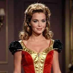 portrait of a beautiful Caroline Munro as Princess Aura in Flash Gordon 1980, Red Gold and Black outfit, film still