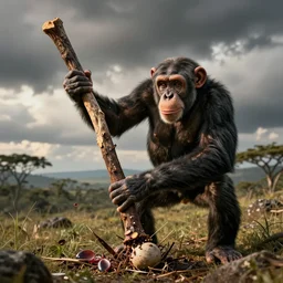 a chimpanzee splitting an atom with a big stick.