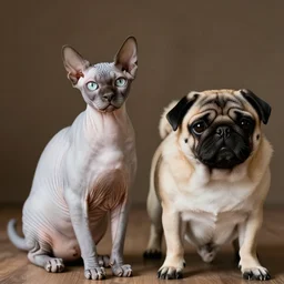 photograph of a sphynx cat and a pug