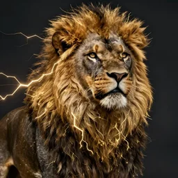 portrait of a black lion with gold lightnings in the fur , concept art, huge scale, high details by Evgeniy Antonenkov