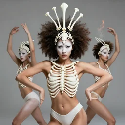 fierce looking beautiful young woman dancers on fire with afro hair and symmetrical white makeup, wearing intricate bodysuit and headdress made from white bones and black feathers, hyperdetailed illustration by irakli nadar and alexandre ferra, intricate linework, in the style of a national geographic portrait, unreal engine 5 highly rendered, global illumination, radiant light, detailed and intricate environment