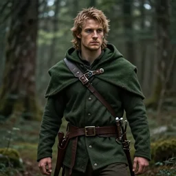 a handsome young rugged halfling ranger and a dark green hood and cloak in the forest, adventure gear, realistic, detailed, masterpiece, by Tony Sart, trending on ArtStation