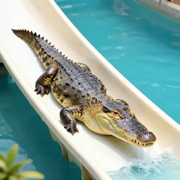 curious indian gharial going down a water slide, artstation, colorful