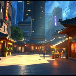 a wholesome animation key shot of a city plaza, by studio ghibli, animation, sharp, rendered in unreal engine 5, focused, anime key art by greg rutkowski, bloom, dramatic lighting