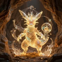 ( psychic type pokemon ) creature creature in a alaska cave, warm tones, bioluminescent bioluminescent translucent translucent : by michal karcz, daniel merriam, victo ngai and guillermo del toro : ornate, dynamic, particulate, intricate, elegant, highly detailed, centered, artstation, smooth, sharp focus, octane render, 3 d